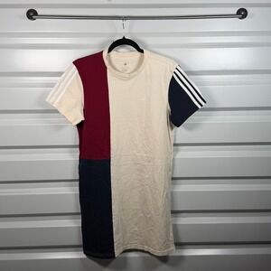 Adidas Womens Colorblock T-Shirt Dress Cream Burgundy Navy Blue 3-Stripe Small